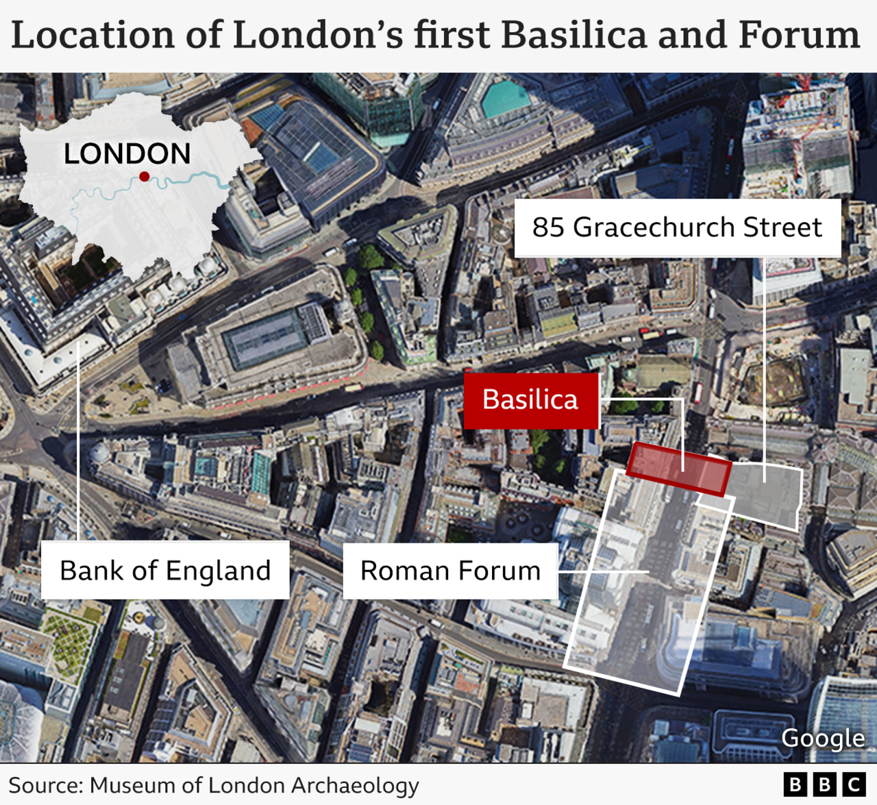 Aerial map showing the location of 85 Leadenhall Street and the first Roman forum and basilica 