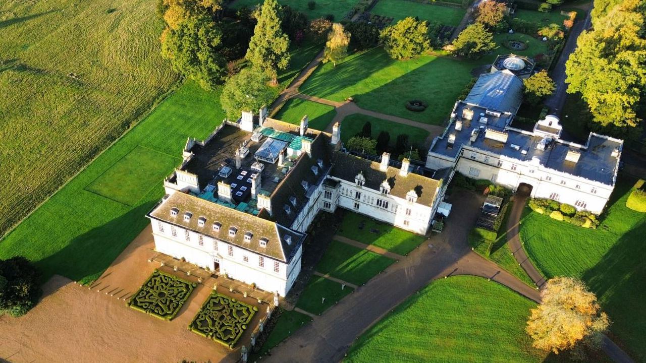 An aerial shot of Stapleford Park Hotel taken by a drone