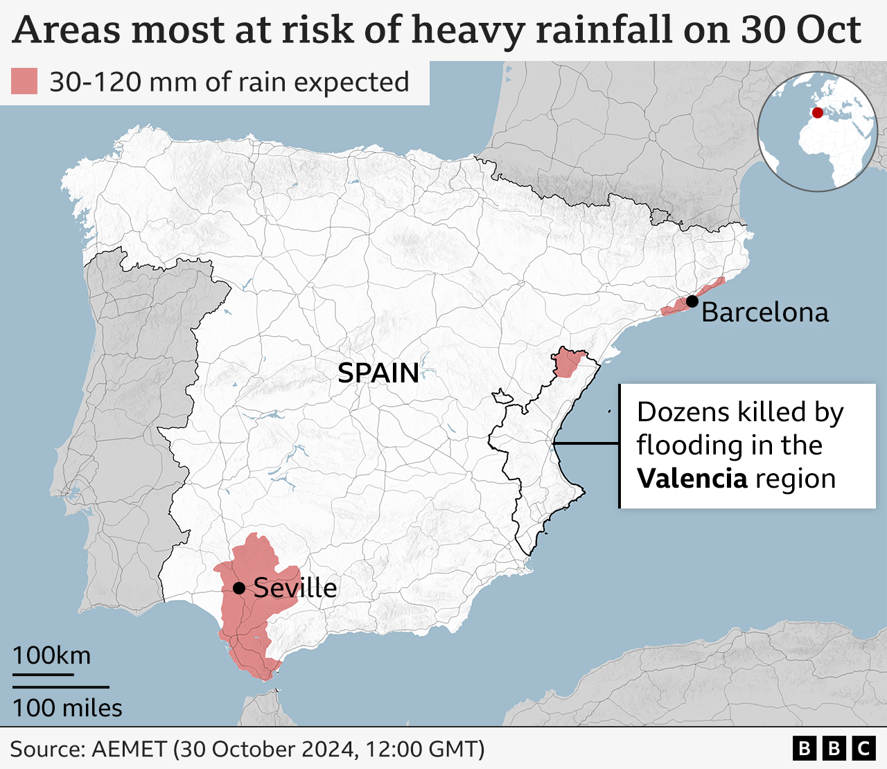 Map showing the areas most at risk of heavy rainfall in Spain, highlighting the cities of Barcelona and Seville. The region of Valencia is also highlighted. A label says that dozens were killed by flooding in the Valencia region