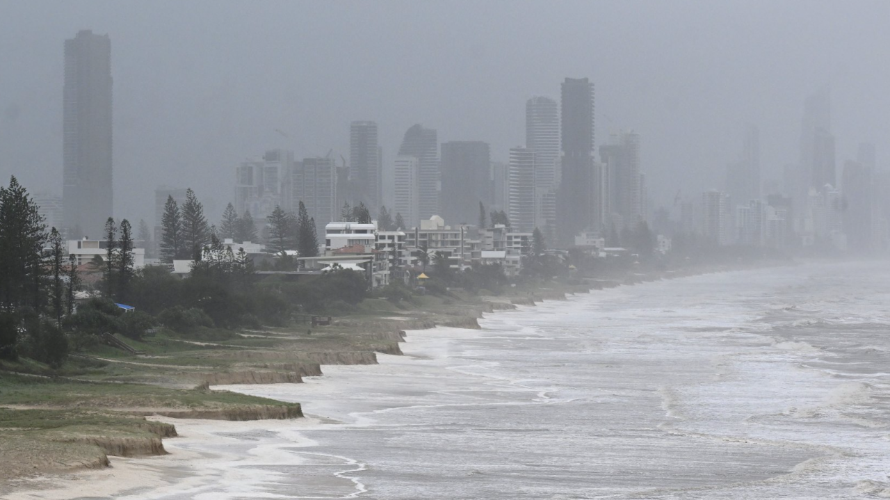 A damaged and eroded foreshore of a beach is seen on the Gold Coast following heavy rains and winds caused by Cyclone Alfred