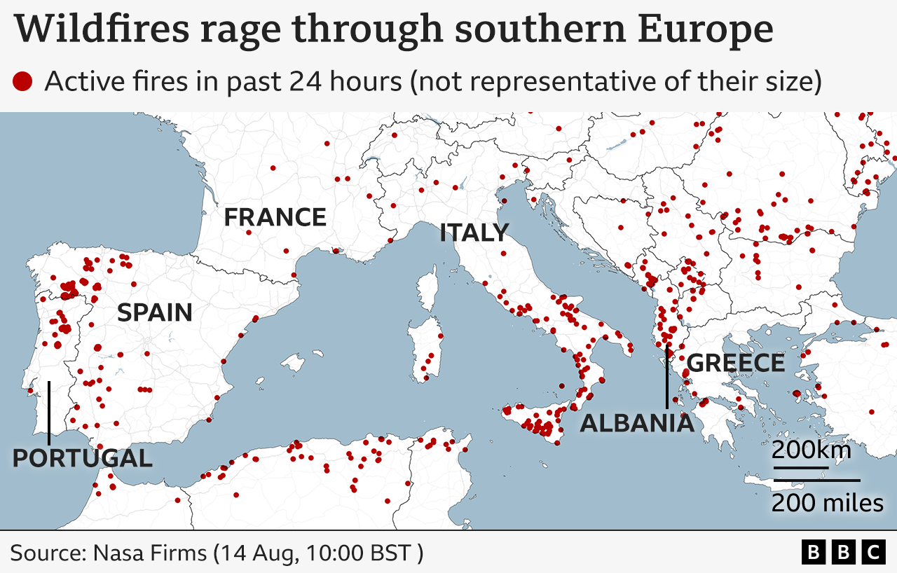 Map of southern Europe showing active wildfires. Red dots mark fire locations from the past 24 hours – with some in most countries across southern Europe and northern Africa. There are particularly highly concentrated in northern Portugal and north-west Spain, southern Italy including Sicily, and Albania. Source Nasa Firms (14 Aug, 10:00 BST).