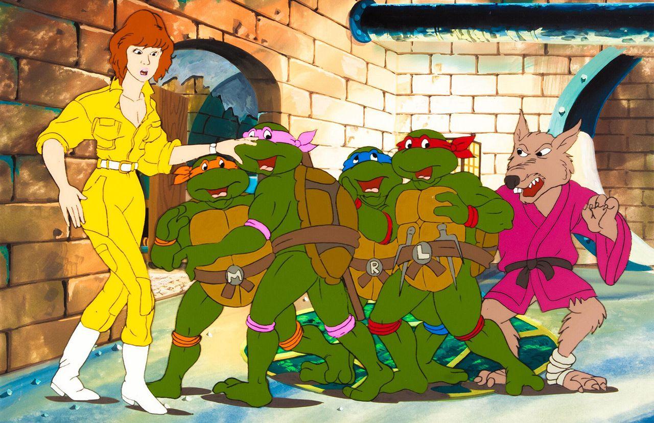 The four Teenage Mutant Ninja Turtles along with characters April O'Neil (left) and Master Splinter (right), taken as a still from the original animated series