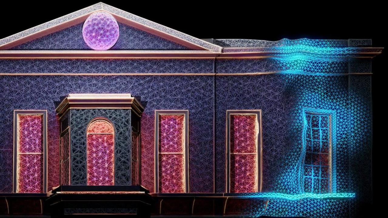 A still of a purple-coloured projection on a mocked up image of the Assembly Rooms. It has a blue-coloured 3D effect on the outer edge.