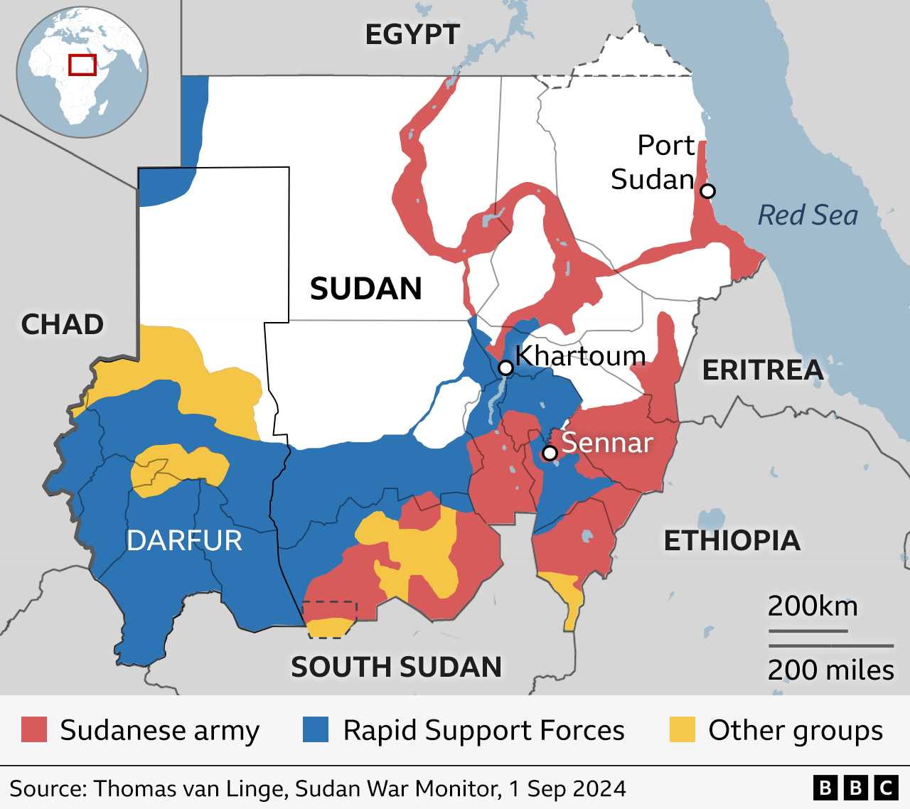 A map of Sudan showing the territory controlled by different groups.