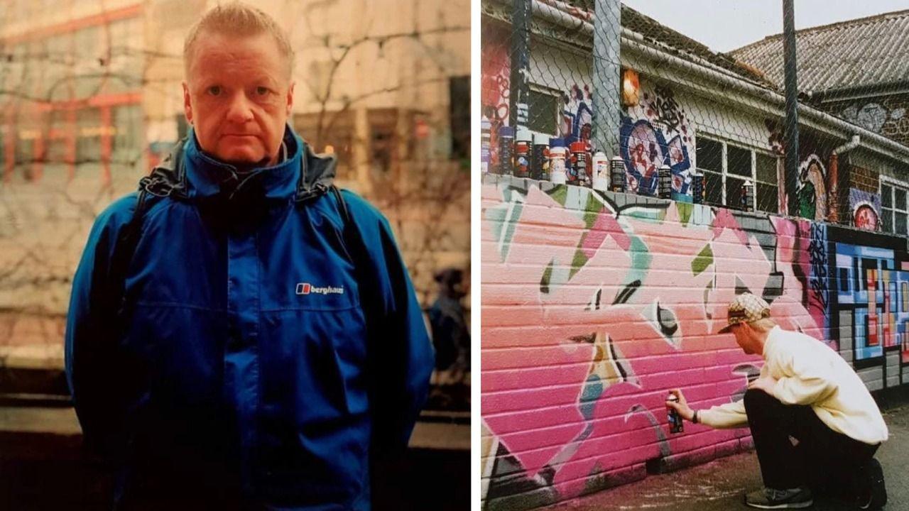 A split image with one of John standing facing the camera wearing a blue Berghaus jacket. The other of John back in the 1980s painting a wall with pink graffiti with a spray can in his hand. Both images look dated.