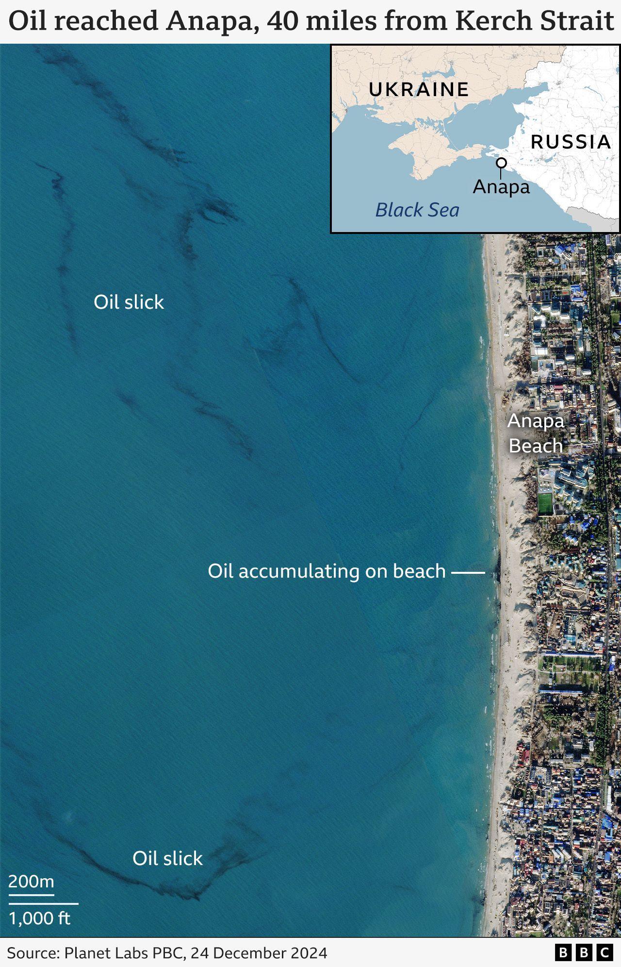 A BBC graphic showing the spread of the oil towards Anapa. 