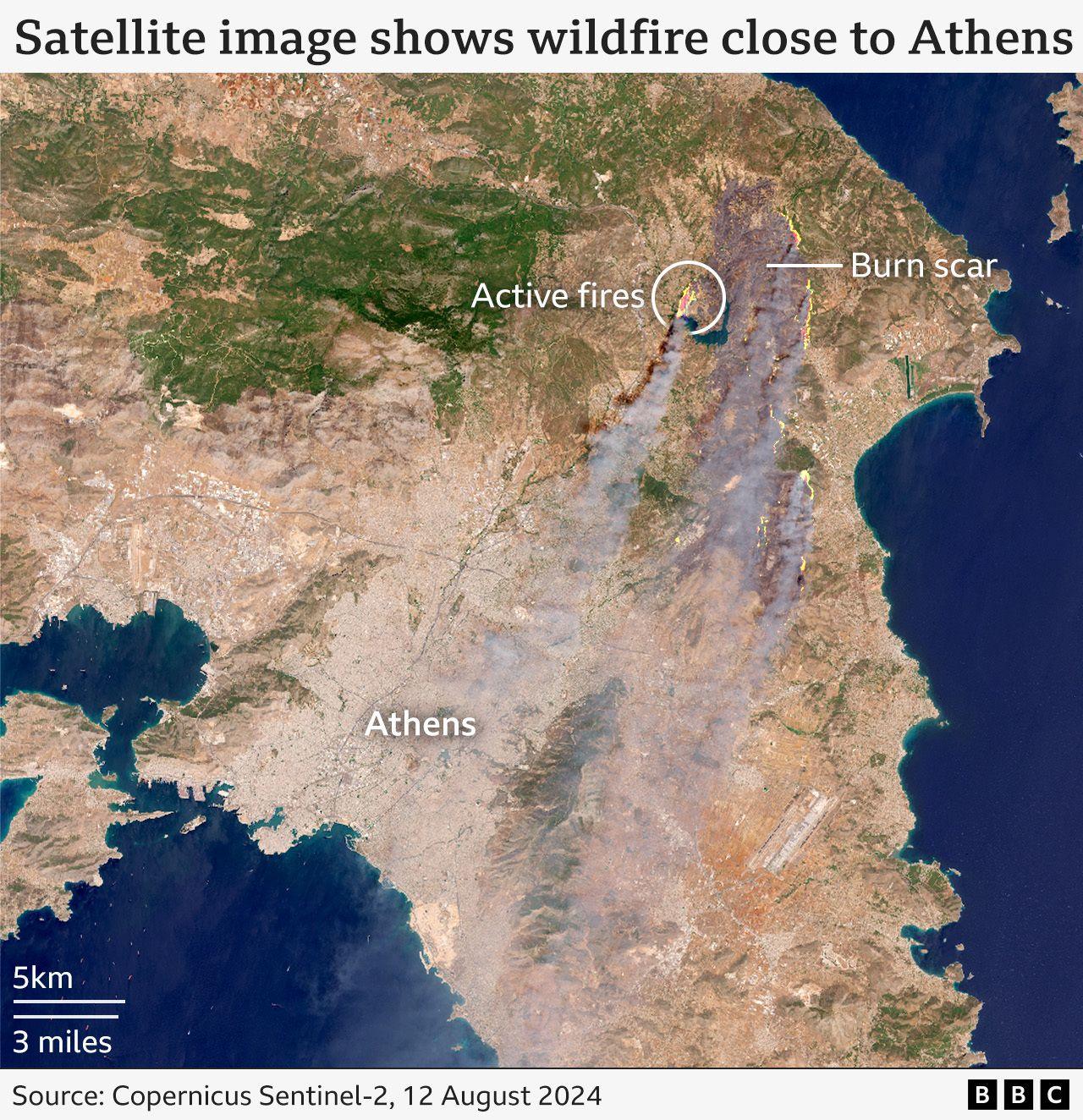 Satellite image showing active fires, burn scar and smoke in Greece near Athens on 12 August 2024