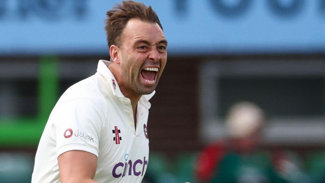 Harry Conway celebrating taking a wicket for Northamptonshire.