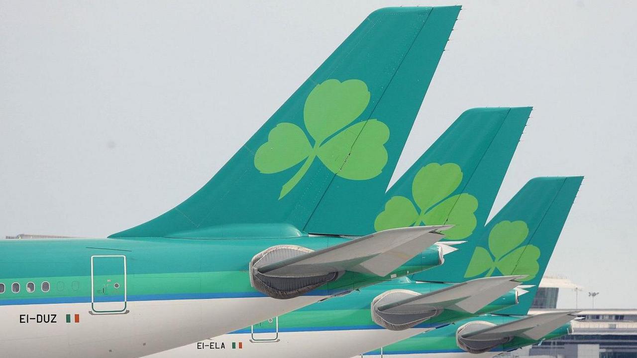 The tails of three Aer Lingus planes parked side by side