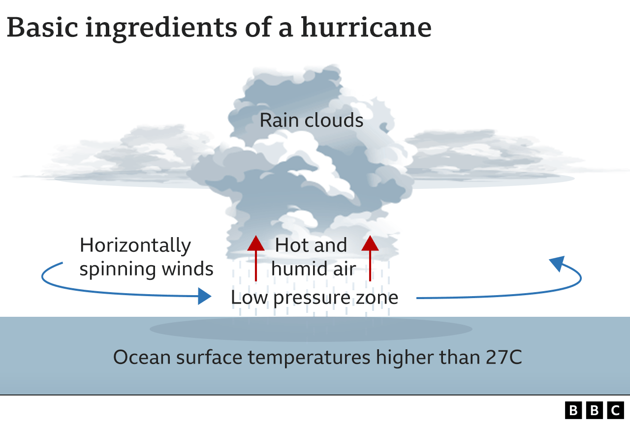 Graphic of ingredients typically needed for a hurricane. They include ocean surface waters warmer than 27C, and horizontally spinning winds.