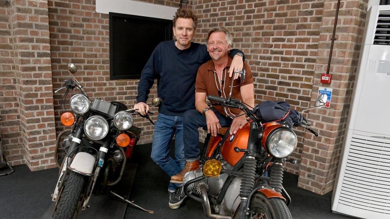 Actor Ewan McGregor and TV presenter Charley Boorman with two motorbikes