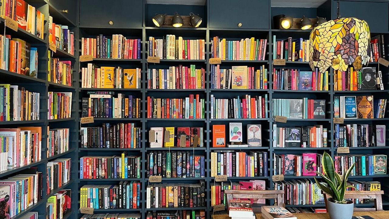 Black shelves are filled with colourful books and a wooden table is placed in front of the shelves with a green plant.