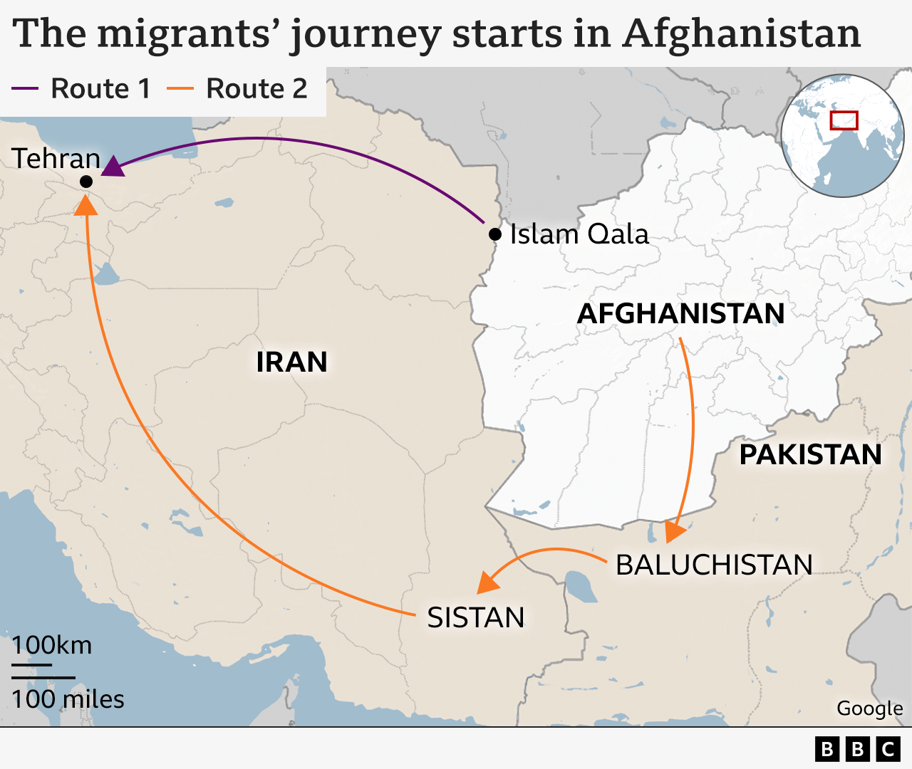 Map showing migrant routes out of Afghanistan