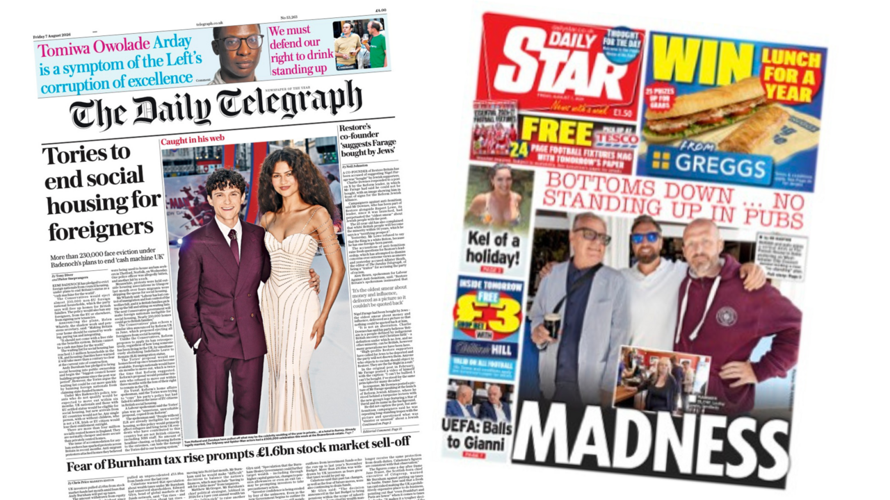 UK papers: 'Tories to end social housing for foreigners' and 'Bottoms down' — image supplied by BBC News's feed