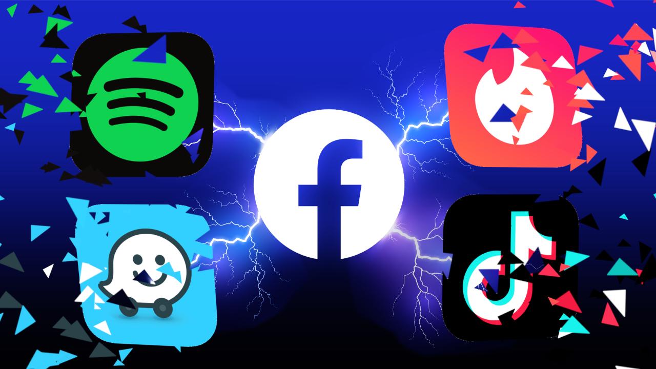 Facebook logo next to Spotify, Tinder, Waze and TikTok logos