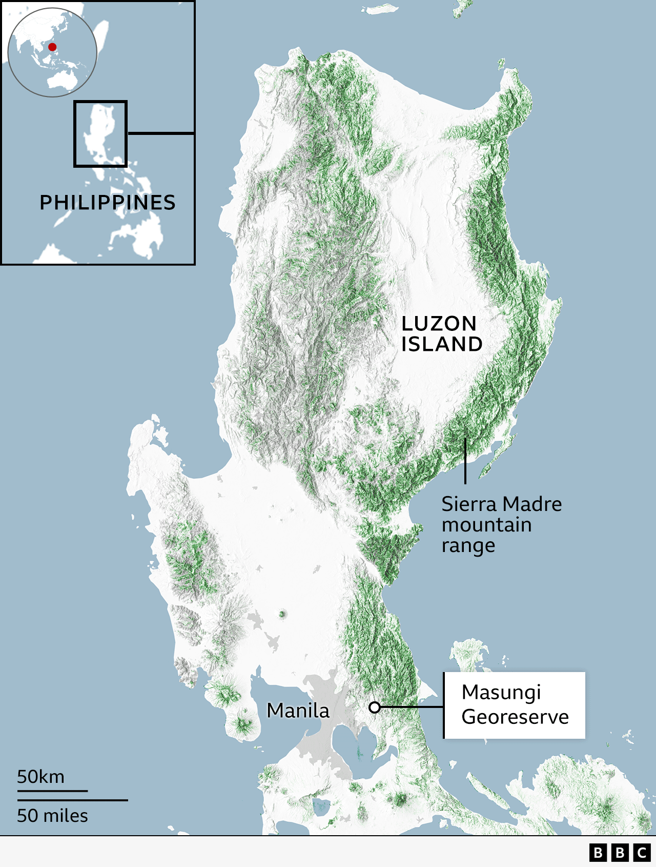 Map of Luzon Island, in the Philippines, showing the Masungi Georeserve to the east of Manila and the wider Sierra Madre mountain range to the north. 