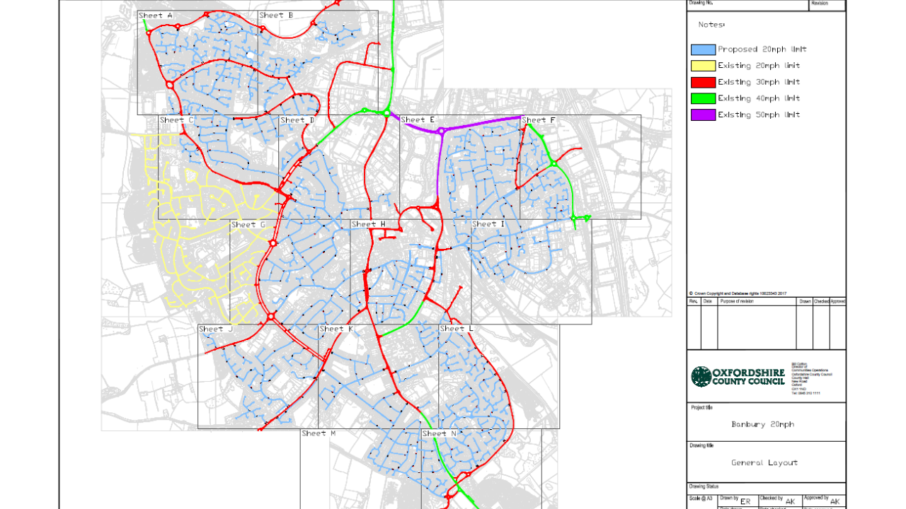 A map of Banbury shows the new 20mph speed limits, marked in blue, will cover much of the town - while only a few arterial routes in red will remain at 30mph.