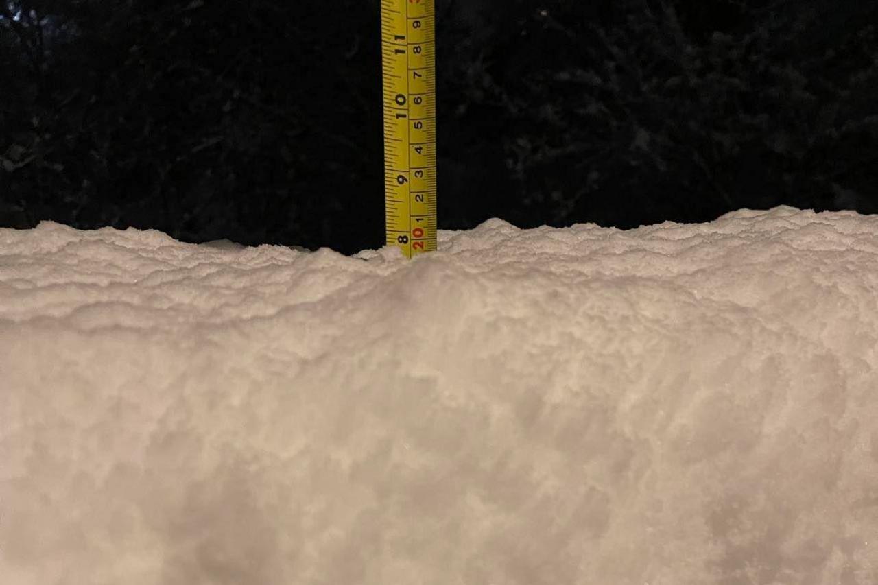 Thick layer of snow with a tape measure sticking out the top