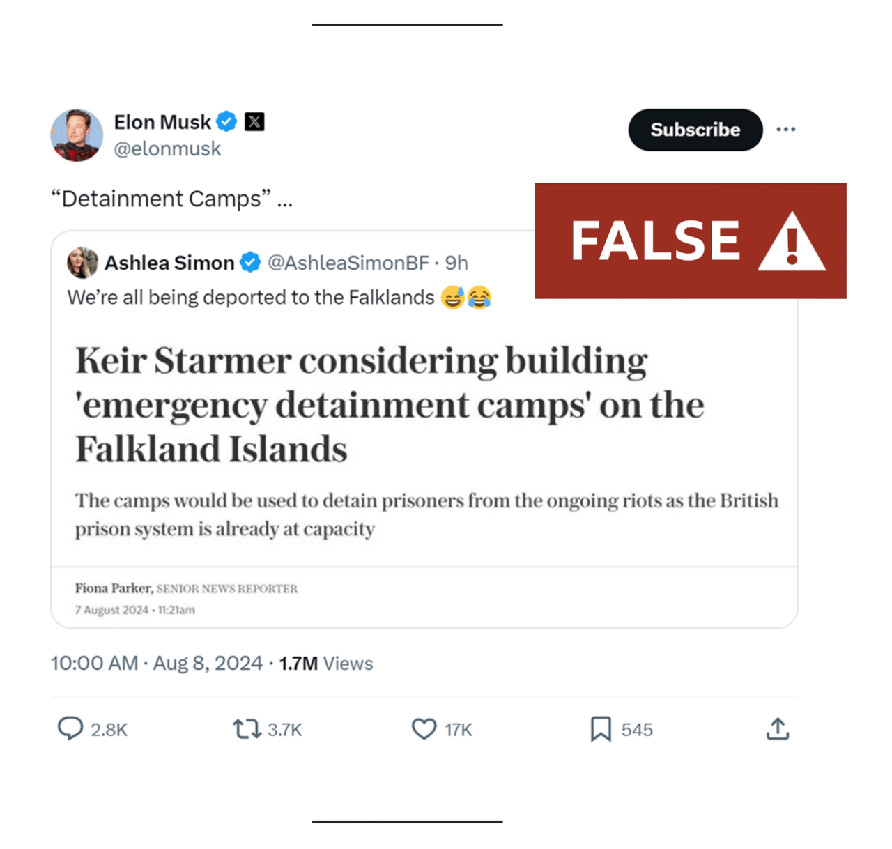 Musk's tweet of the words "detainment camps" and the headline: "Keir Starmer considering building 'emergency detainment camps' on the Falkland Islands