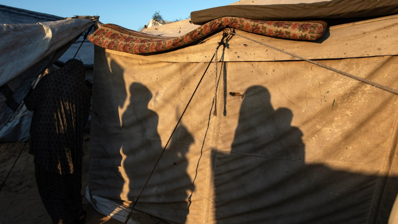 A temporary makeshift camp set up by displaced Palestinian families in Khan Younis, southern Gaza Strip, amid a ceasefire between Israel and Hamas. 
