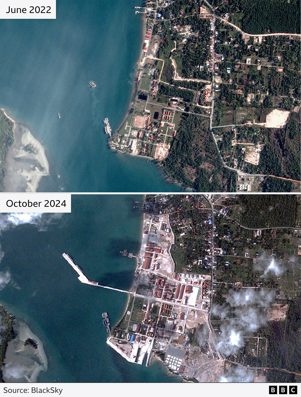 Two satellite images compare a piece of coastline in June 2022 and October 2024. The later image shows a large pier protruding off the coast, while the earlier image shows none