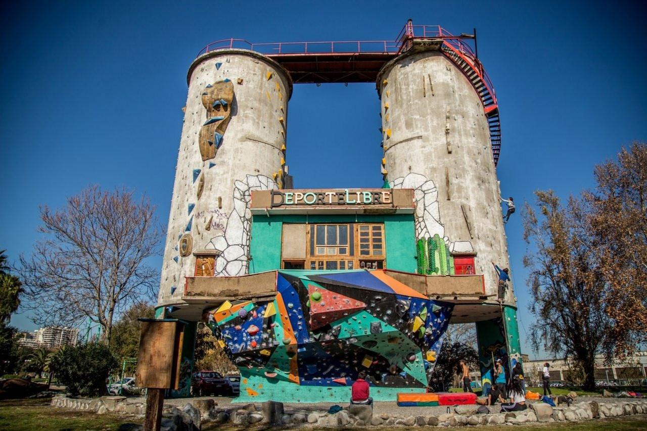 View of the silos Deporte Libre turned into climbing walls