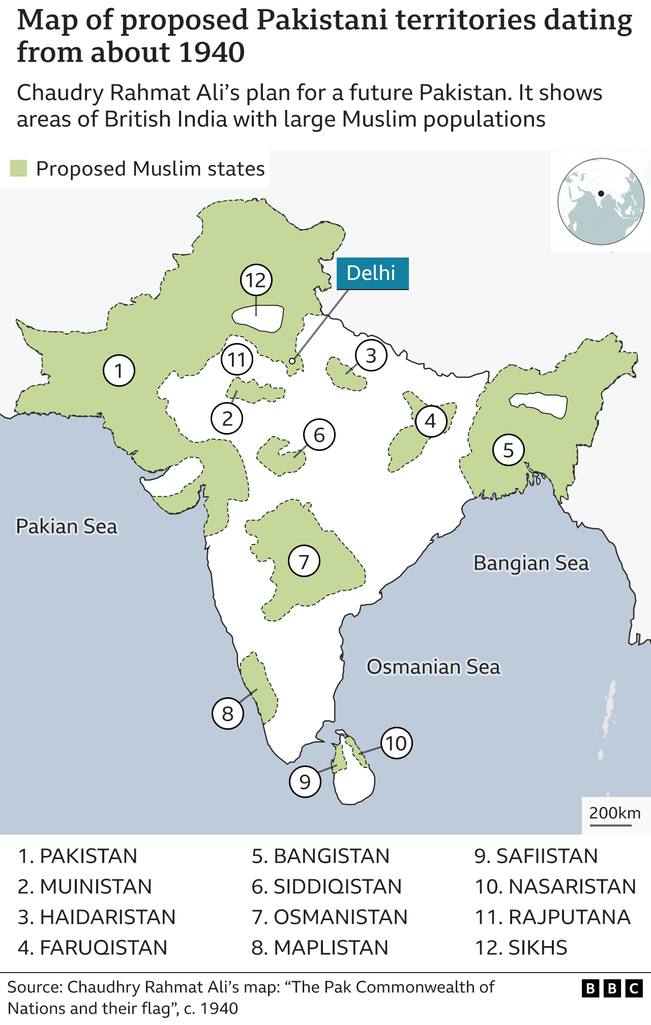 Map from about 1940 by Chaudry Rahmat Ali, showing possible territories for Pakistan, with territories in the north-west and north-east of British India, and with enclaves throughout the centre and south of the country.