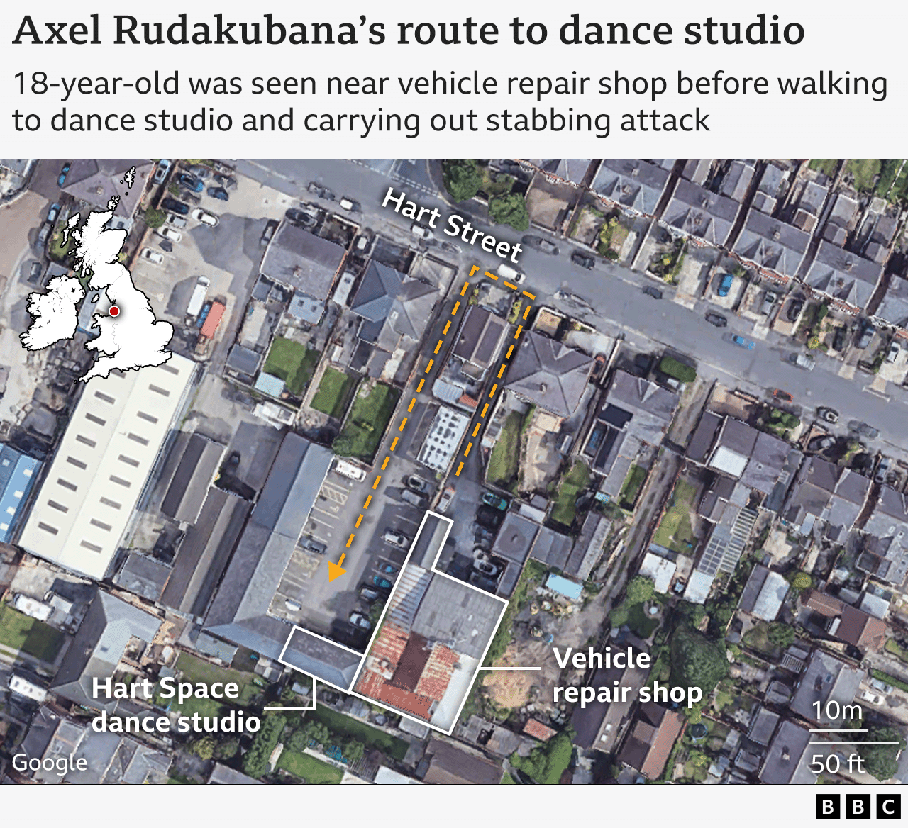 Satellite map showing key locations and incidents during the attack, starting with the vehicle repair shop where Rudakubana was first seen, then showing his route back onto Hart Street and around the corner to the Hart Space studio next door where he carried out the attack.