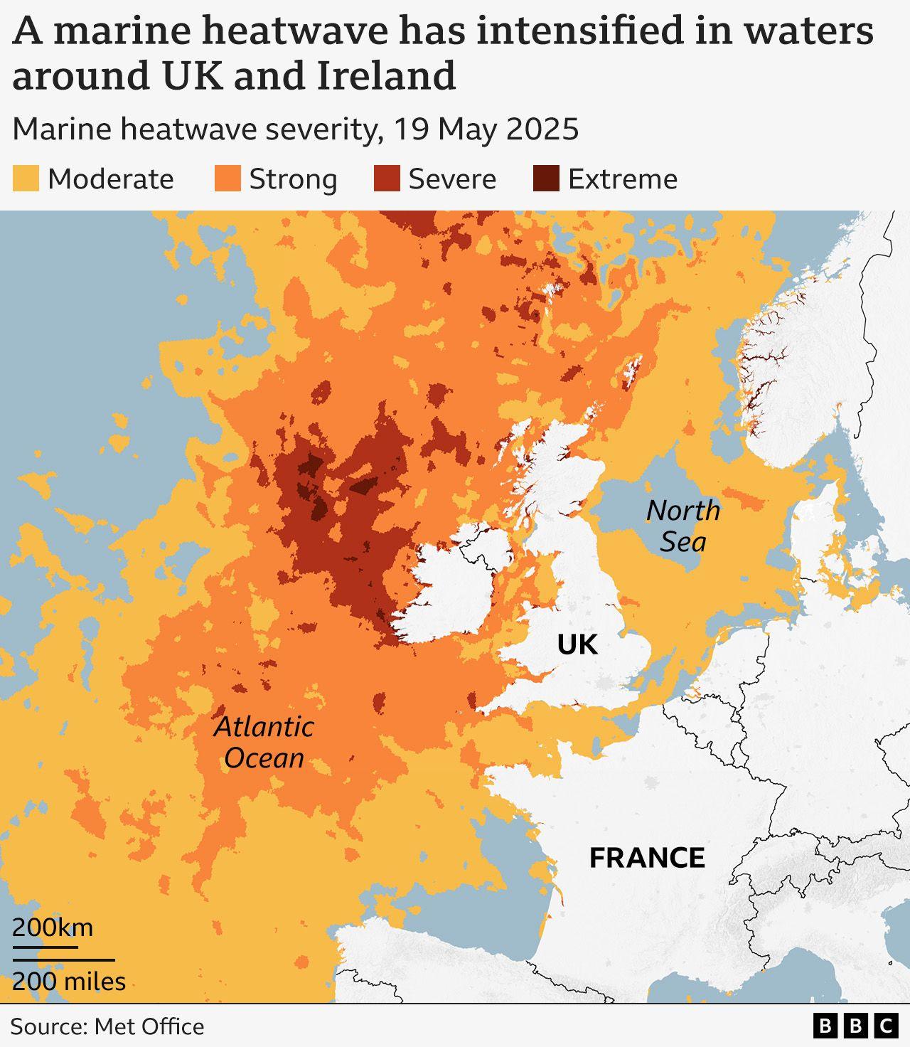 Map of the marine heatwave categories in the waters around the UK as of 19 May 2025. There are four categories: moderate, strong, severe and extreme. Waters west and north of the British Isles are experiencing mostly strong marine heatwave, with some areas also classified as severe and extreme. Some areas of the North Sea are experiencing moderate marine heatwave.