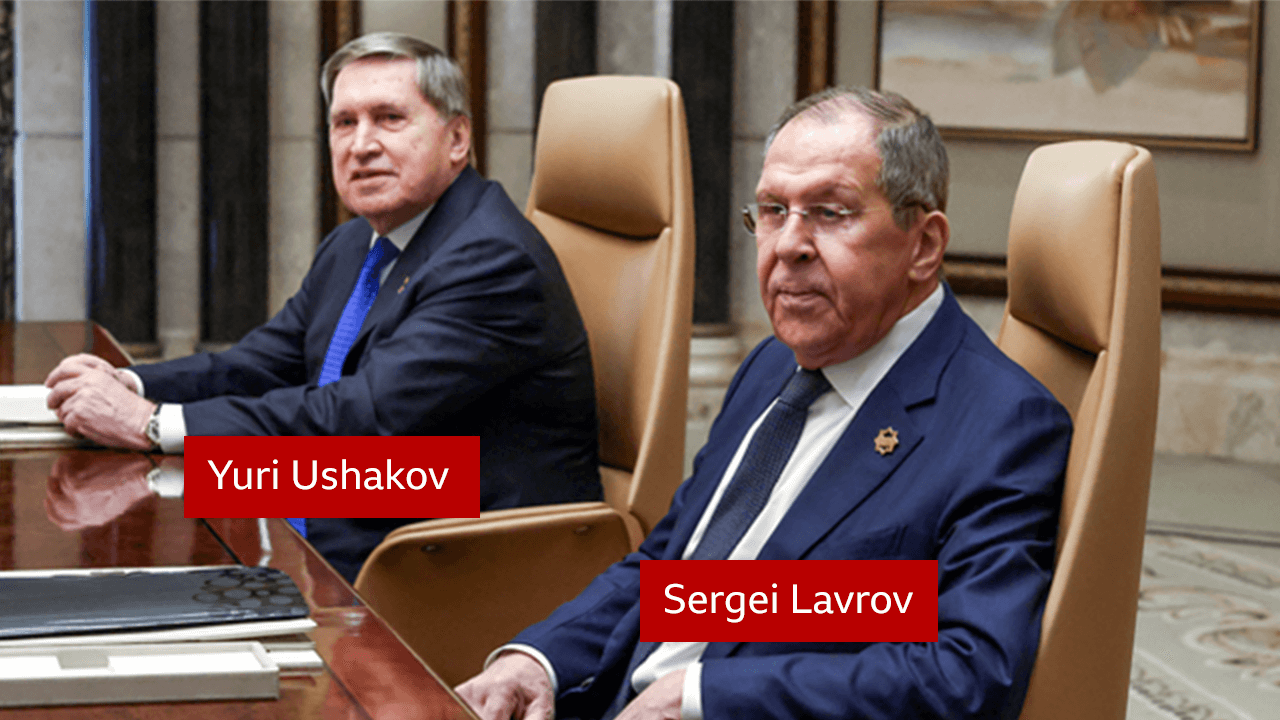 Two Russian negotiators from left to right, labelled as Yuri Ushakov and Sergei Lavrov