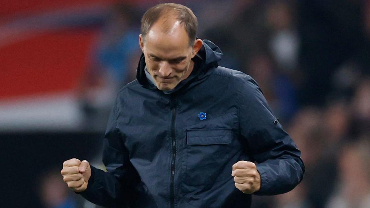 England head coach Thomas Tuchel shows his delight after Morgan Rogers scored the opening goal against Wales at Wembley.