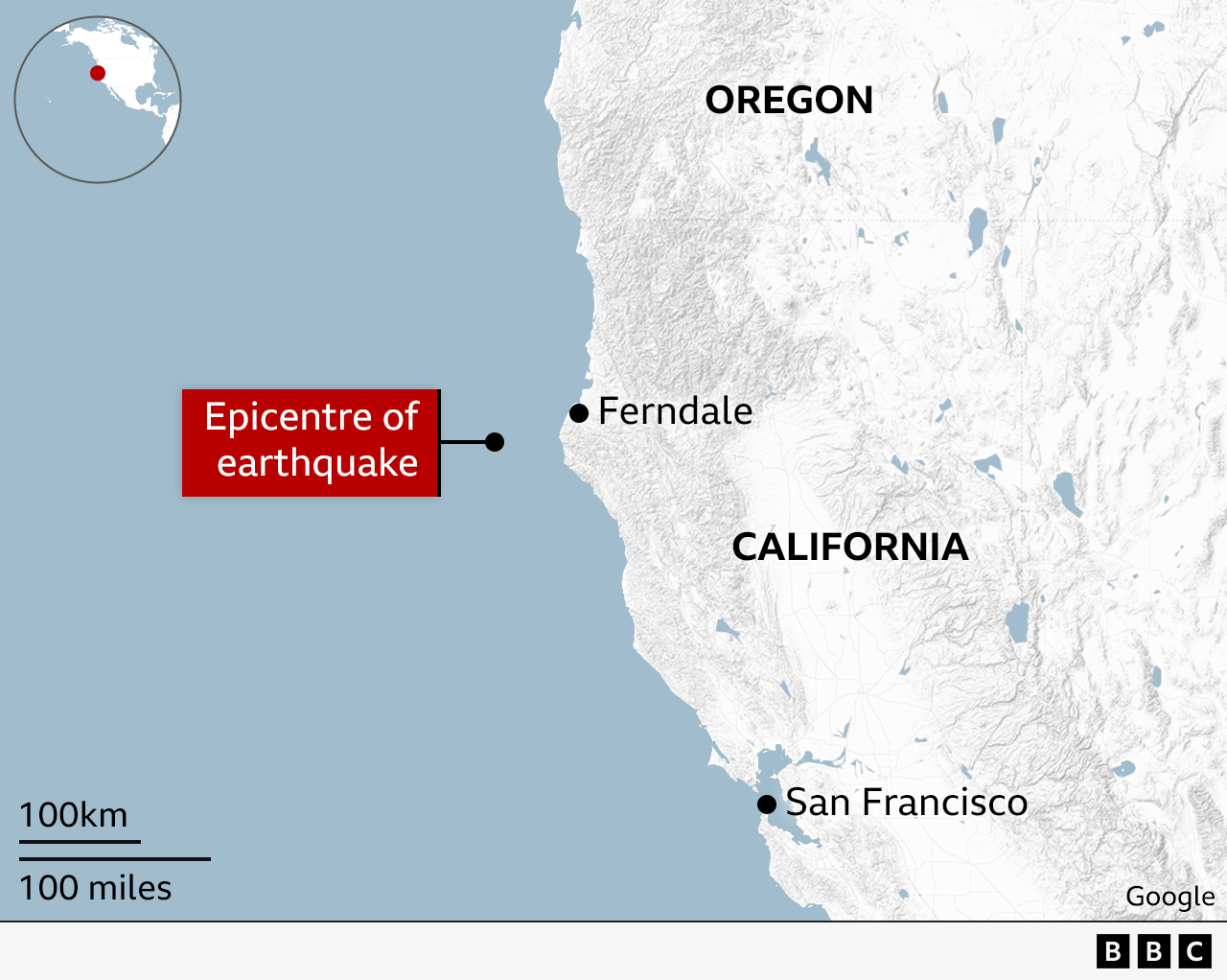 A map graphic showing the location of the earthquake's epicentre, off the coast near the town of Ferndale in California.