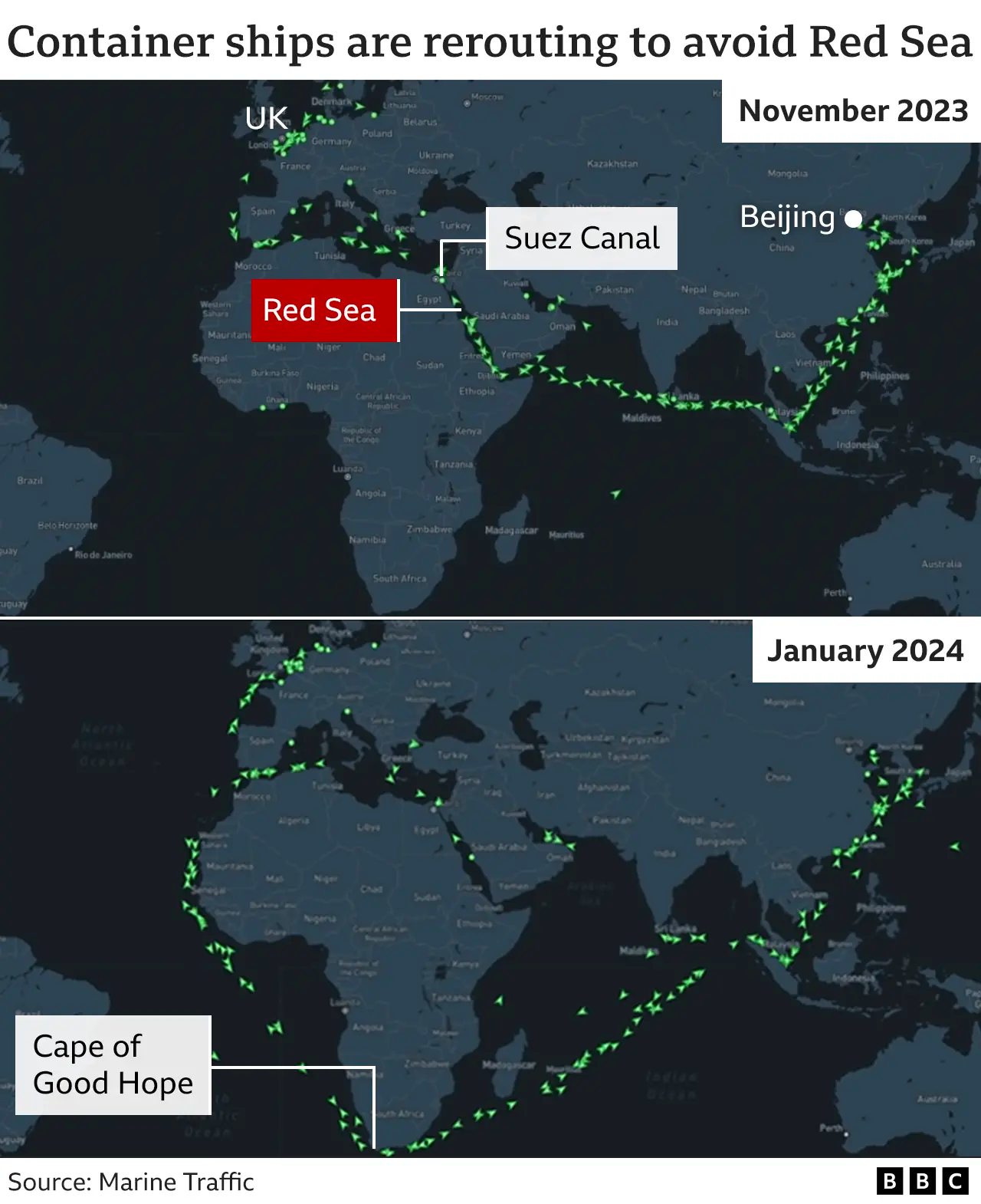 Map showing routes taken by shipping through the Red Sea and around Africa