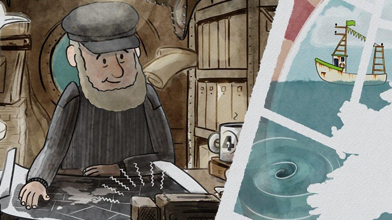 An animated picture of a ship captain with a chart listening to the radio with a map to the right