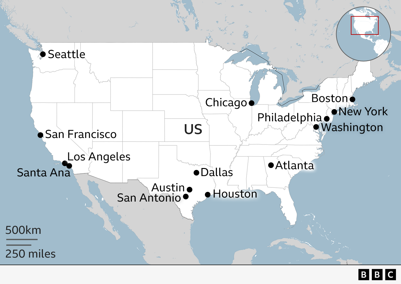 A graphic map of the US highlighting each of the cities in which protests have taken place. Seattle, San Francisco, Los Angeles, Santa Ana, Austin, San Antonio, Dallas, Houston, Chicago, Philadelphia, Boston, New York, Washington DC and Atlanta are all marked