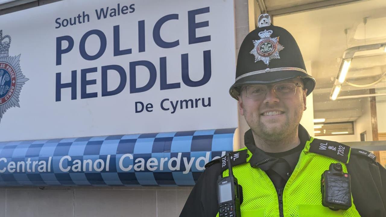 Special Police Constable Ben Johns stood outside Cardiff Central Police station