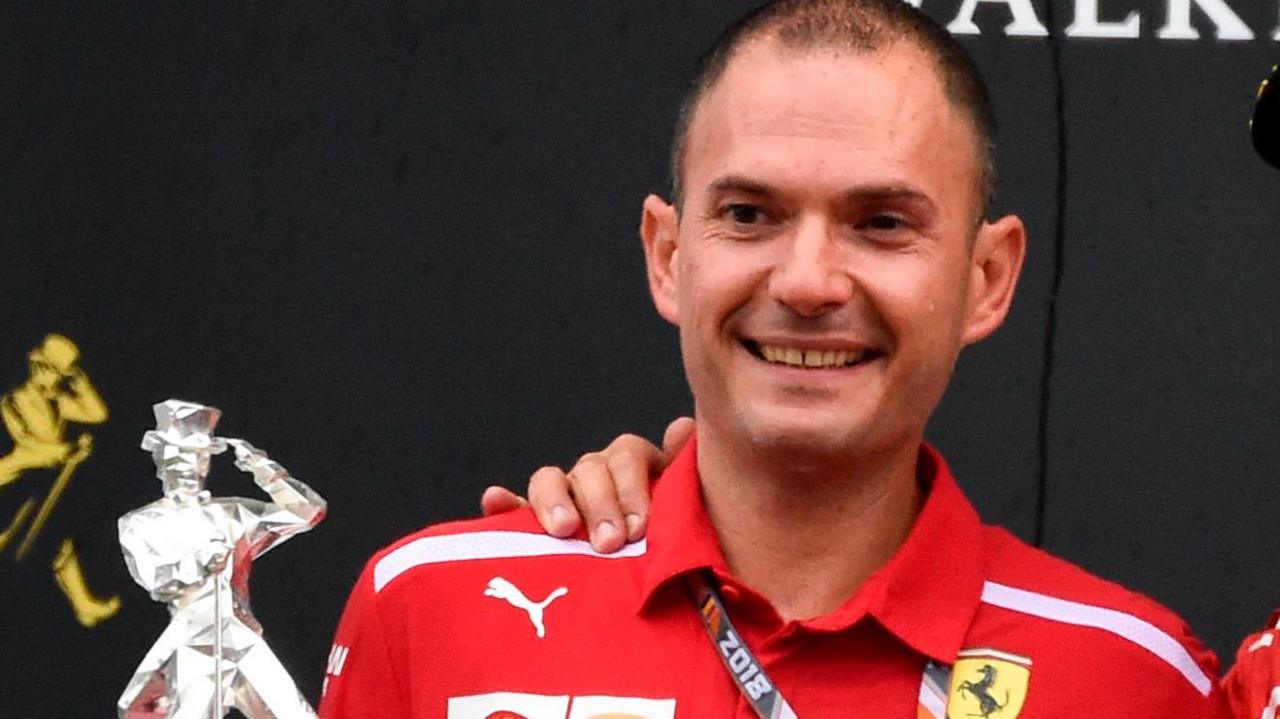 David Sanchez on an F1 podium while with Ferrari in 2018