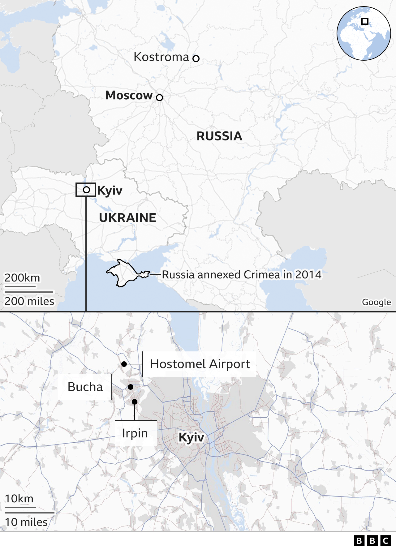 A map shows Kostroma in Russia where the 331 regiment is based, and Irpin, Bucha and Hostomel where they fought in Ukraine