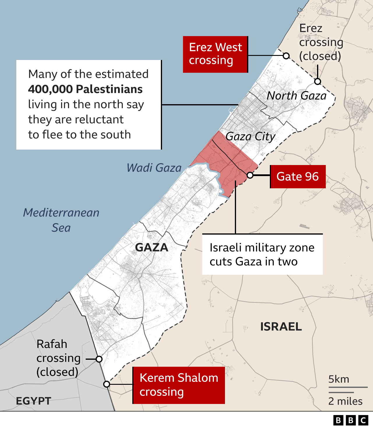 Map showing the aid entry points and the military zone bifurcating north and south Gaza.