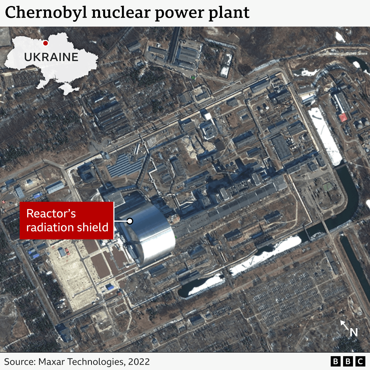 A satellite map showing the Chernobyl nuclear plant's position in northern Ukraine, and its reactor's silver protective shield.  