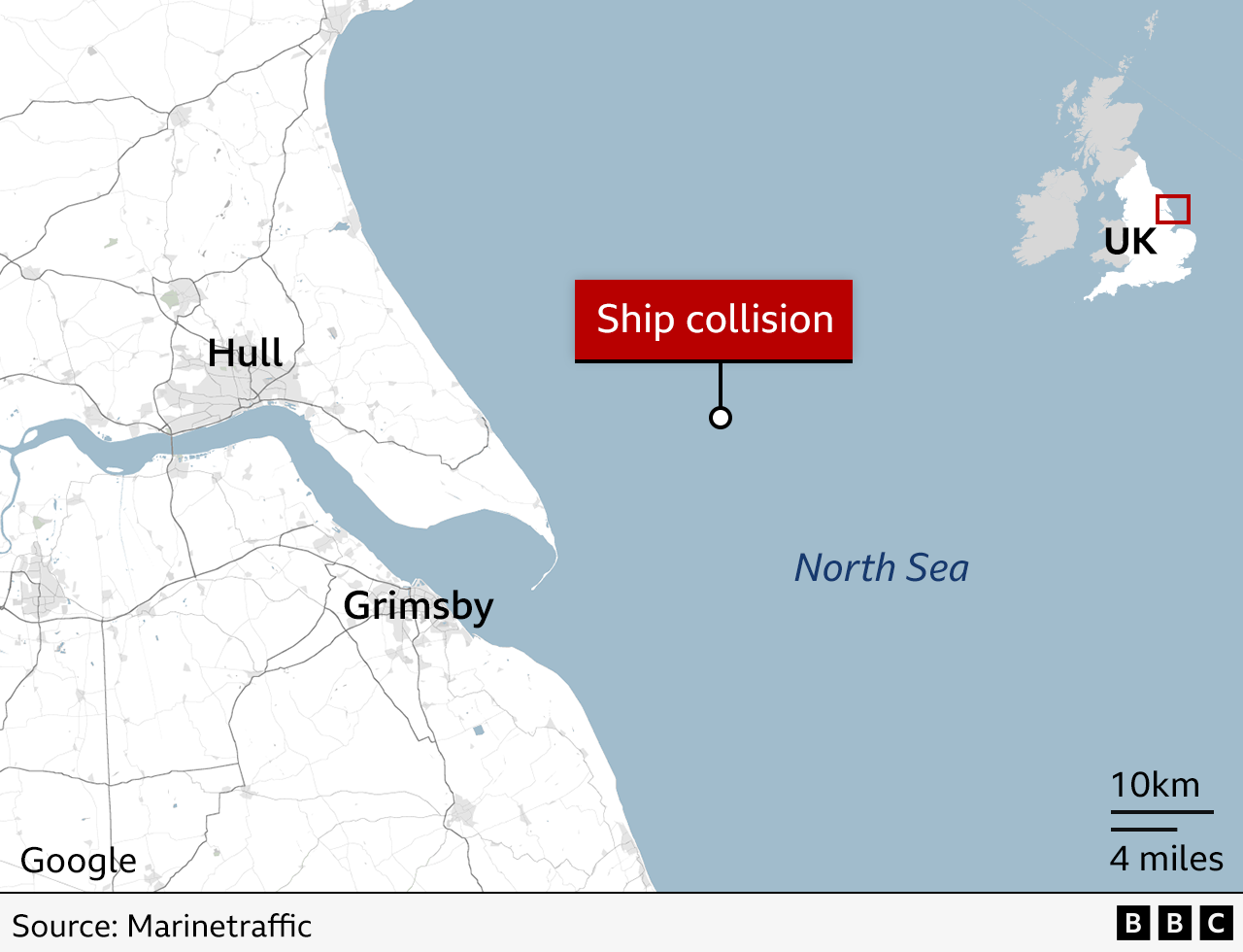 A map showing north east England and the North Sea with a label showing the site of the ship collision.