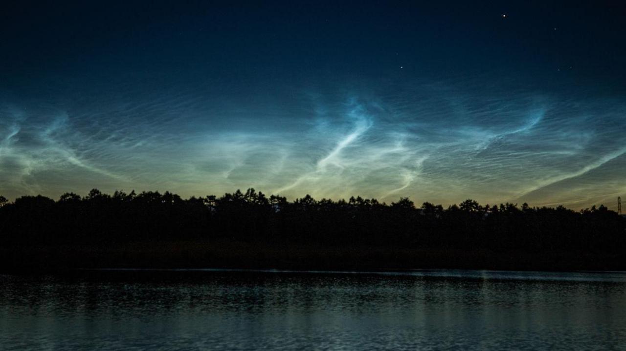 A dark shot over the water. Dark shapes of trees cut across a bright night sky. White clouds seem to ripple across shades of yellow, green and blue in the sky.