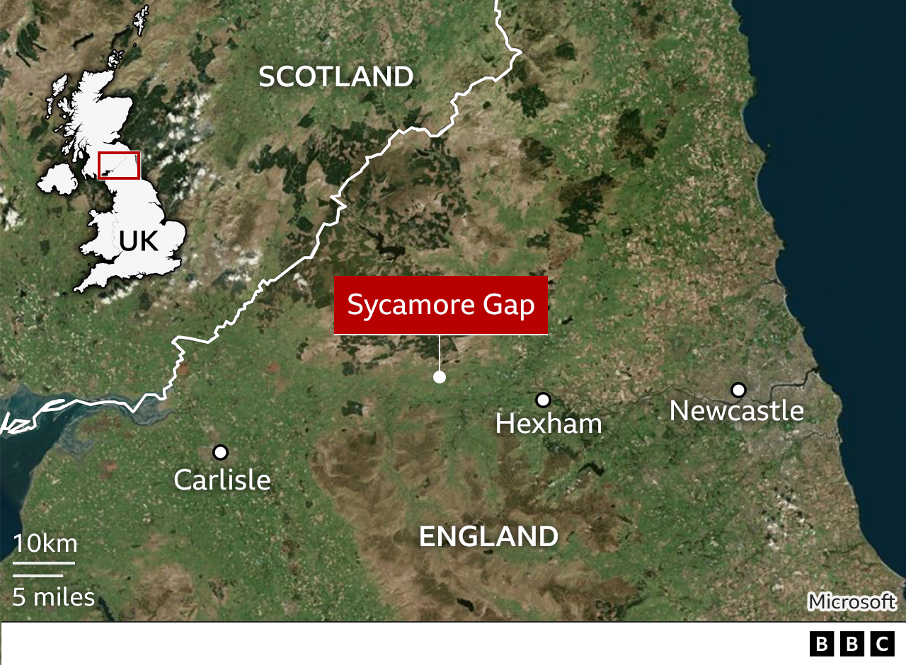 A map of the area, with Carlisle marked to the left, Sycamore gap in the middle and Hexham and Newcastle to the right