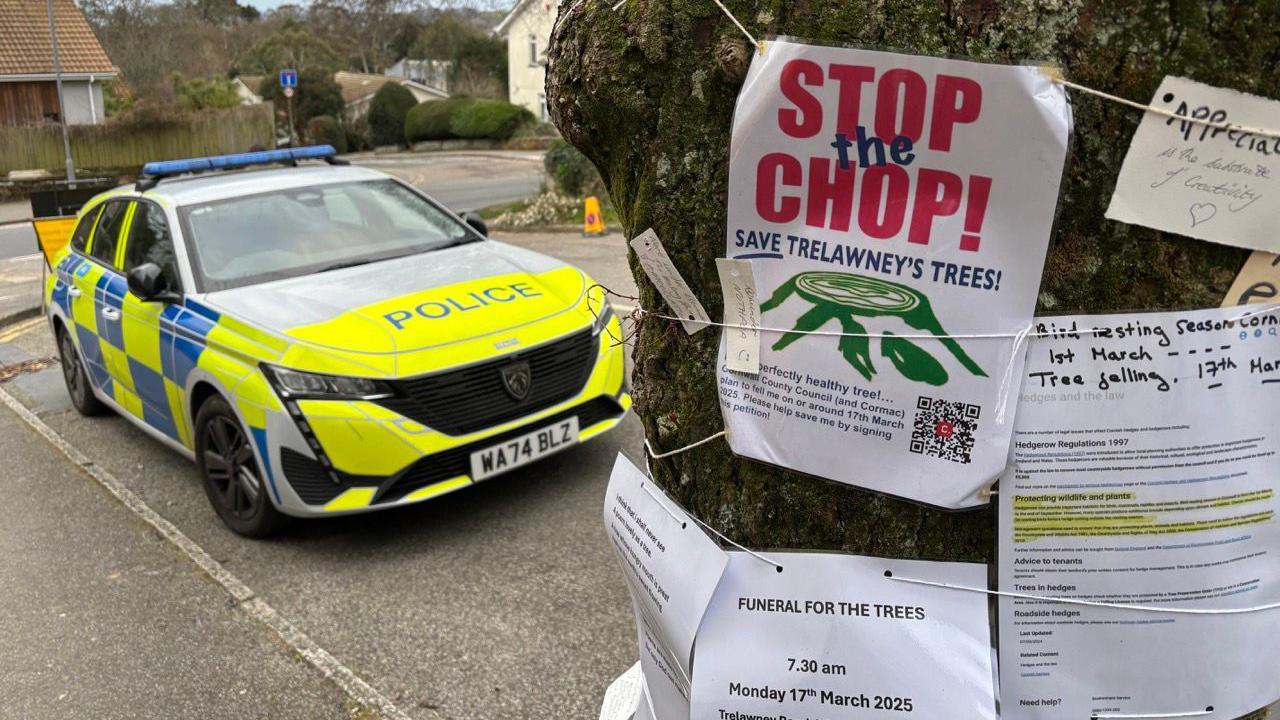 A close ip of a tree with papers tied to it. There is a paper that says "Stop the Chop" In the background is a parked blue and yellow police car. In the background are houses and bushes. 