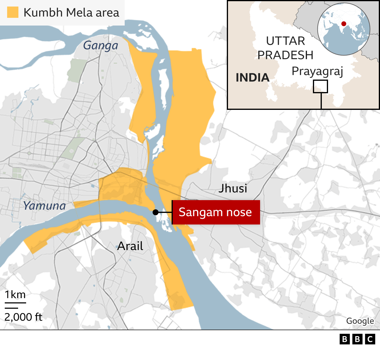 BBC map highlighting in yellow the area of the Kumbh Mela festival and the Sangam nose and where it is in India