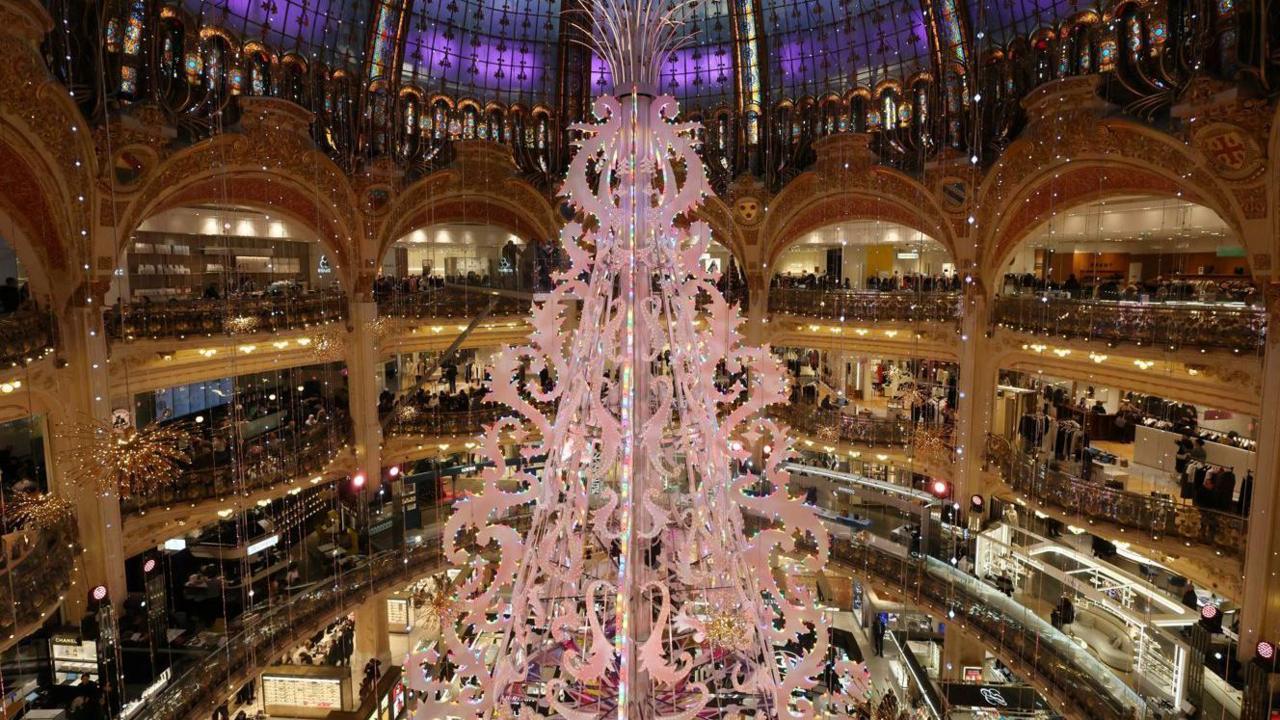 Christmas tree inside Galeries Lafayette department store in Paris, France.