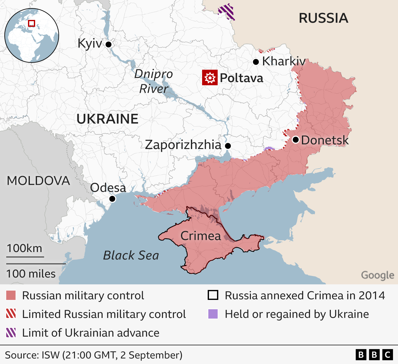 A BBC map of eastern Ukraine showing the territories held by Russia and Ukraine. Poltava is highlighted on the map