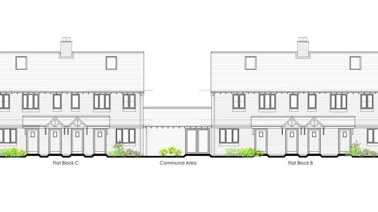 Drawn plans of two blocks of flat linked by a communal area. They are two storey buildings with 4 front doors each.