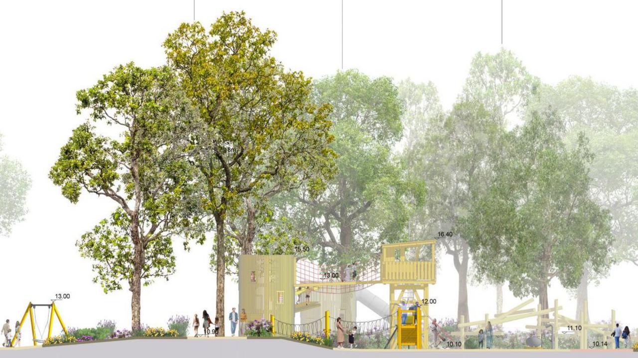 A design of a public garden with various trees and a yellow play structure at varying levels with chain bridges. People can be seen dotted about and there are measurements and arrows towards different parts of the picture.