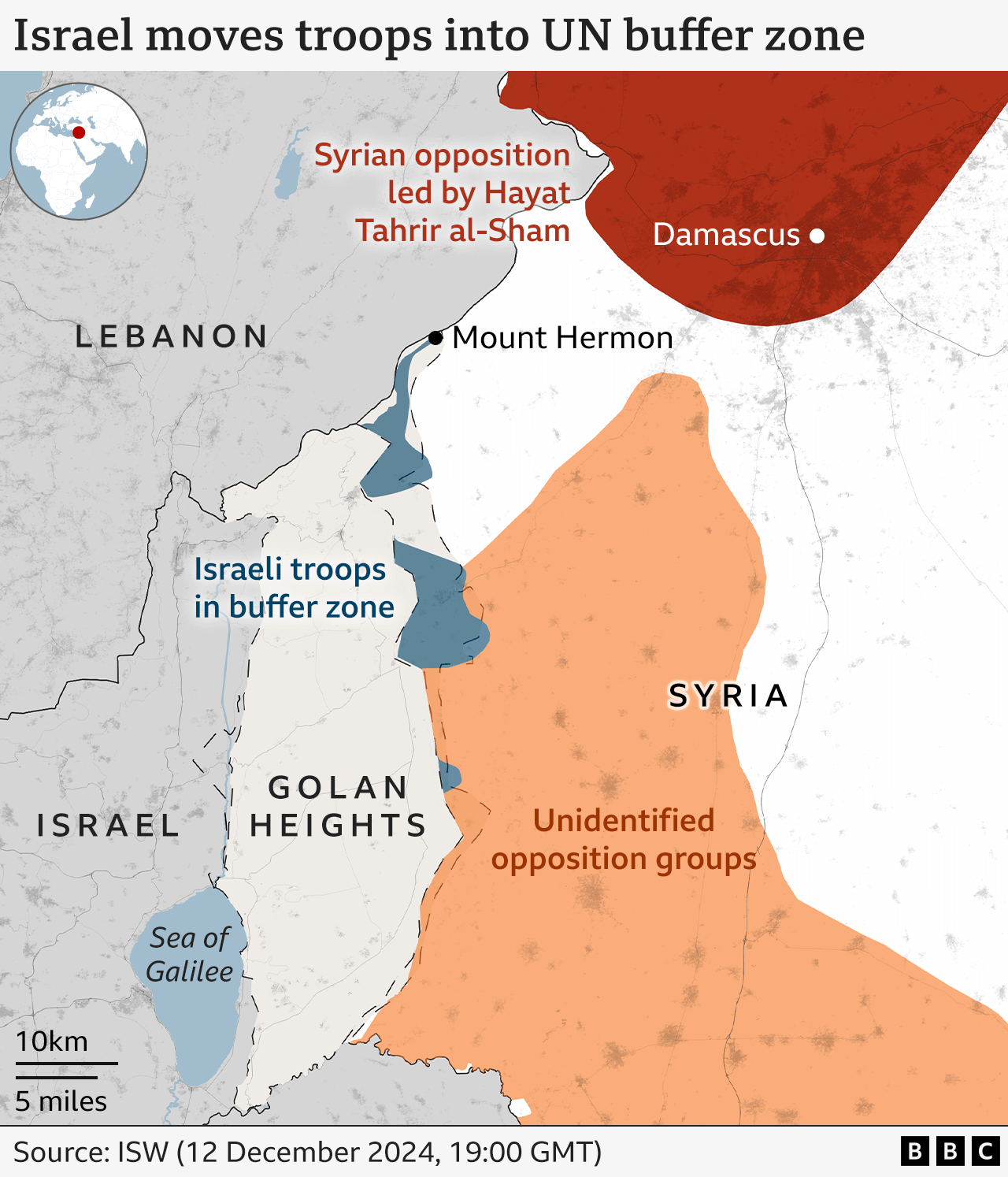 A map showing where Israeli troops have moved into in the UN buffer zone between the Golan Heights and Syria, as well as nearby areas of Syria controlled by different opposition groups.